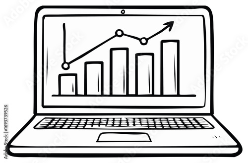 Hand drawn laptop displaying a rising bar chart and line graph representing financial growth and progress