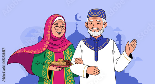 Smiling Elderly Muslim Couple with Sweets Against Mosque Background