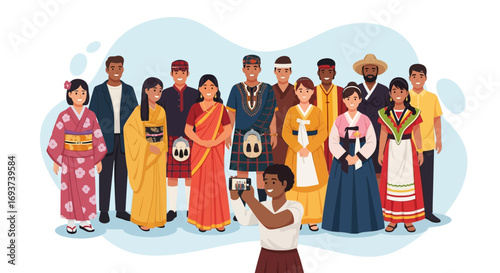 People from different cultures in traditional clothing taking a selfie, celebrating global diversity and unity