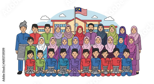 Malaysian Community in Traditional Attire at School with Flag Illustration