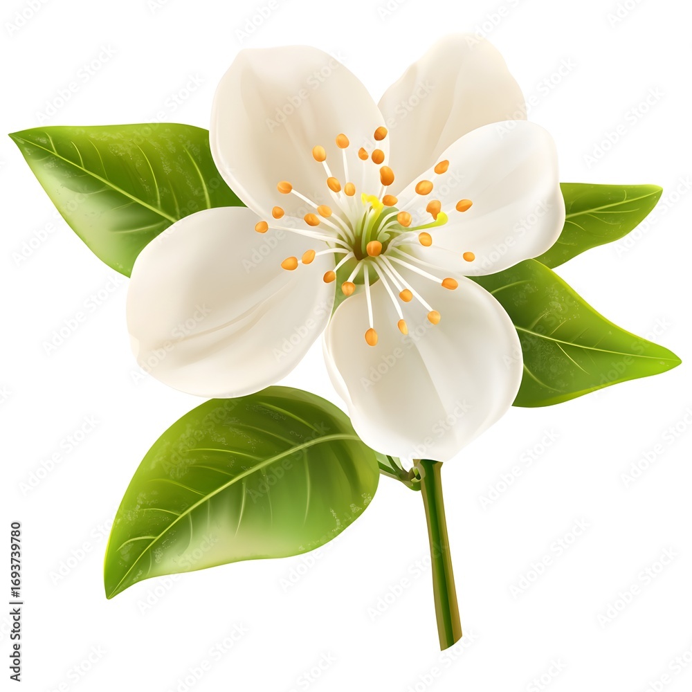 Obraz premium A realistic illustration of an orange blossom flower with white petals and green leaves, set against a clean background.