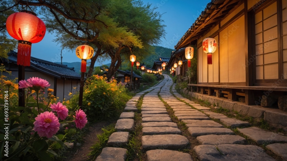 Fototapeta premium Serene evening stroll along a lantern-lit stone path in a traditional village, surrounded by blooming flowers