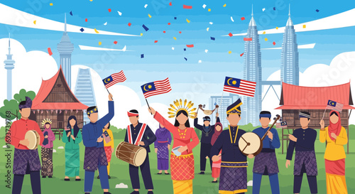 Malaysian Cultural Celebration with Flags, Traditional Attire, Music, and City Skyline