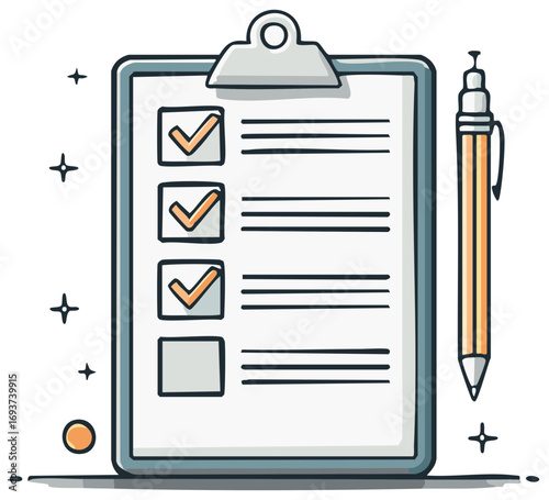 Checklist on Clipboard with Filled Boxes and Pen Icon Illustration