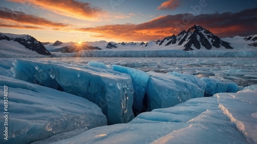 Majestic glacier landscape at sunset with vibrant sky and mountains reflecting on icy waters