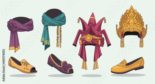 Diverse Traditional Headwear and Footwear Illustrations: Turbans, Crowns, Headdresses, Slippers