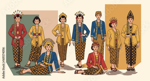 Traditional Indonesian Javanese Cultural Attire Illustration. Diverse People in Traditional Clothing Showcasing Heritage.