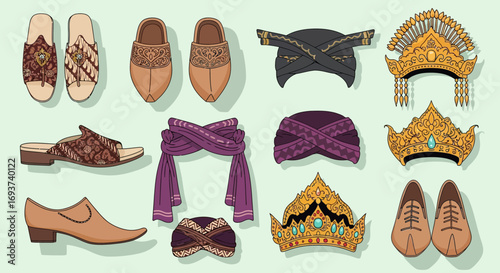 Traditional Cultural Footwear & Headwear Collection: Illustrated Ethnic Shoes, Sandals, Hats, & Crowns