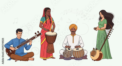 Traditional Indian Music Ensemble Vector. Diverse musicians playing Sitar, Tabla, Tanpura, and Dholak drums.