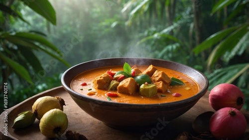 A vibrant bowl of steaming curry with vegetables and herbs, set in a lush tropical jungle backdrop