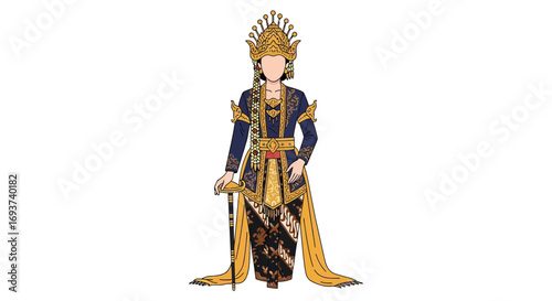 Javanese Royal Figure in Traditional Attire with Kris. Elegant Indonesian Cultural Costume Illustration.