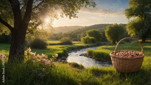 Serene landscape featuring a woven basket filled with nuts beside a tranquil river at sunset