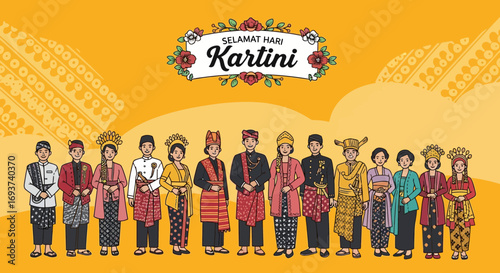 Selamat Hari Kartini: Indonesian Cultural Diversity with Traditional Attire and People Illustration