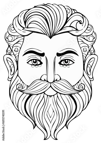 Ornate line art portrait of a man with a stylized beard and mustache and curly hair