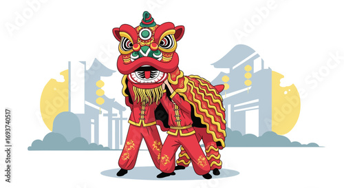 Festive Chinese Lion Dance Performance. Traditional Asian Celebration with Red and Gold Costume and Cultural Background