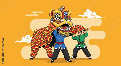 Vibrant Lion Dance Performance Illustration for Lunar New Year and Cultural Festivals