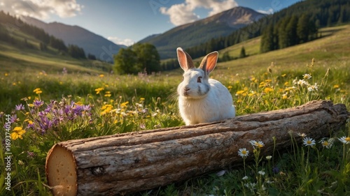 A serene white rabbit sitting on a log amidst vibrant wildflowers in a picturesque mountain landscape