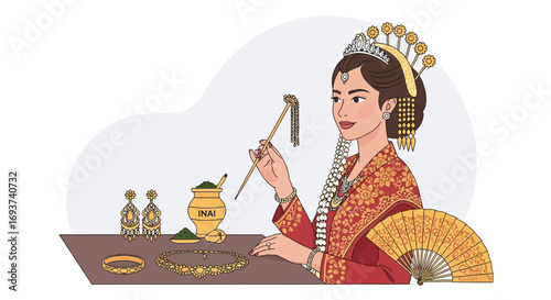 Traditional Indonesian Woman Adorning Herself with Gold Jewelry and Elaborate Headpiece. Cultural Beauty Illustration.