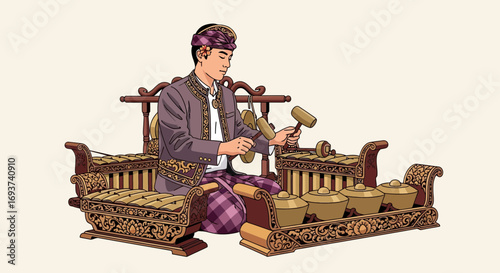Traditional Indonesian Gamelan Musician Playing Percussion Instruments in Cultural Attire