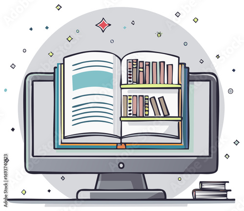 Digital library concept with open book displaying shelves on computer screen