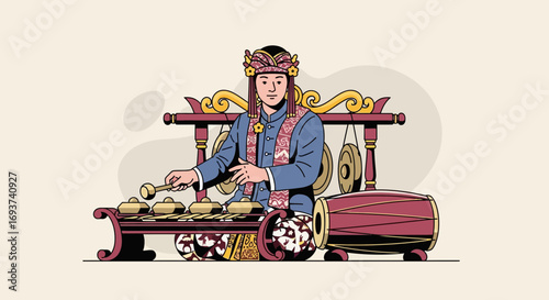 Traditional Indonesian Gamelan Musician Performance Illustration