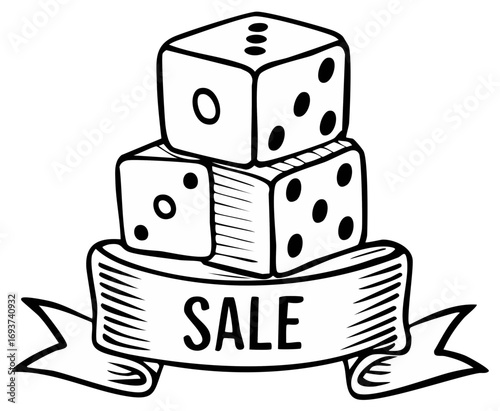 Stack of Dice on a Sale Ribbon Banner Hand Drawn Vector Illustration