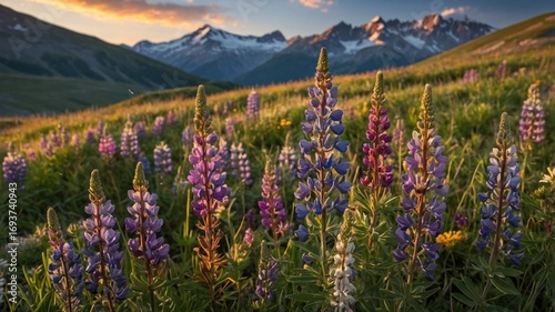 Vibrant wildflowers bloom in a lush green meadow, framed by majestic mountains at sunset
