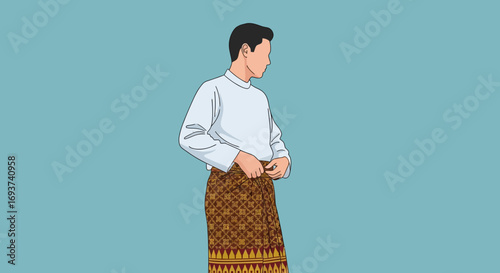 Man adjusting traditional patterned sarong. Cultural garment and attire vector illustration.