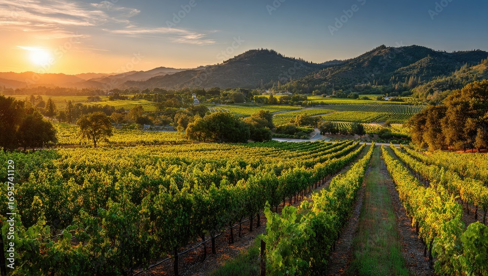 Naklejka premium Panoramic vineyard landscape at sunset (1)