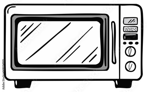 Hand drawn illustration of a microwave oven with a glass door and control panel