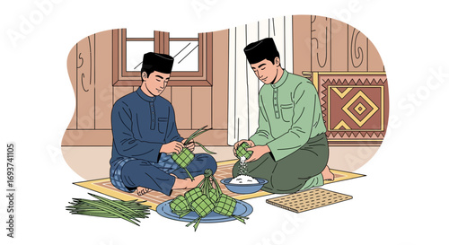 Traditional Malay Men Weaving Ketupat Rice Cakes for Festive Celebration