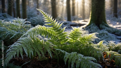 Lush green ferns glistening with frost in a serene forest during early morning sunlight
