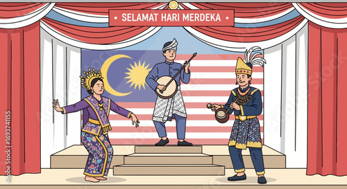 Malaysian Merdeka Day Cultural Performance with Traditional Dance and Music. Independence Day Celebration Illustration.