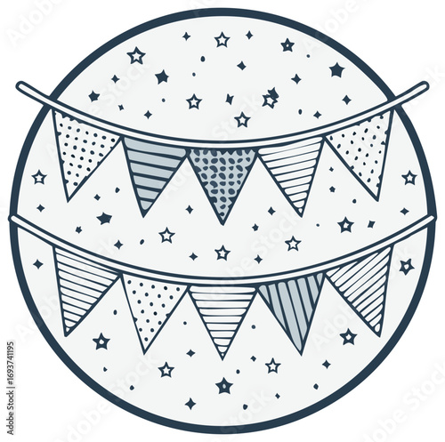 Celebration Banner with Pennants Hanging and Decorative Stars in a Circular Motif