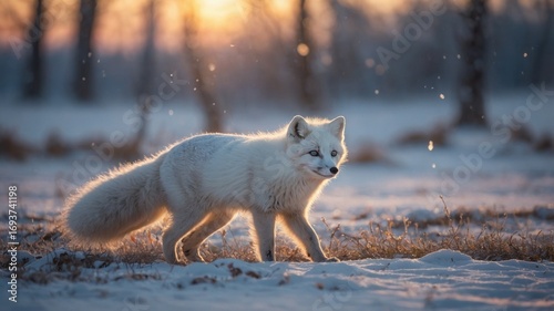 Arctic fox walking gracefully through a snowy landscape at sunset, with soft light illuminating the scene