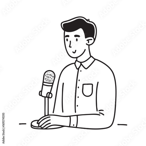 A person speaking into a microphone during a podcast