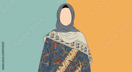 Muslim Woman in Hijab and Traditional Patterned Fabric Illustration
