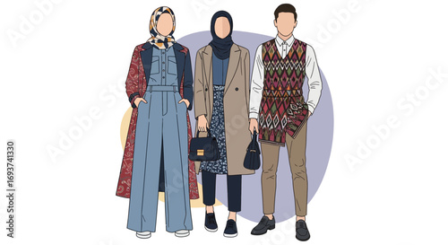 Contemporary Modest Fashion Illustration: Diverse Styles, Hijabs, and Modern Attire