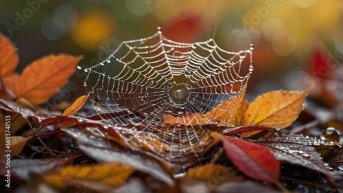Delicate spider web adorned with dew drops resting on vibrant autumn leaves in a serene forest setting