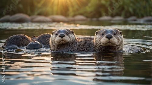 Playful otters swimming together in a serene pond at sunset, surrounded by lush greenery