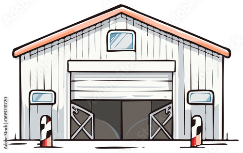 Open White Wooden Barn or Garage with Brown Trim and Gray Door Cartoon Vector