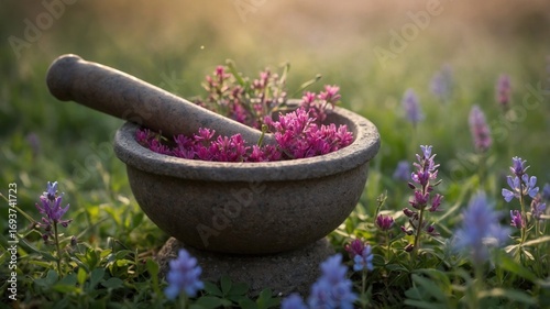A stone mortar filled with vibrant pink flowers surrounded by lush green grass and wildflowers
