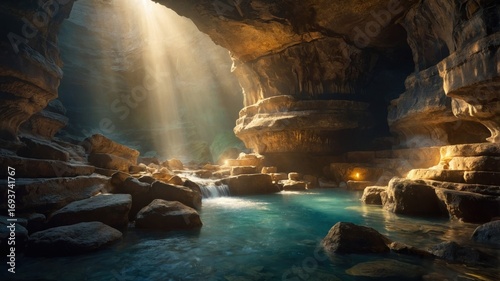 Serene underground cave with shimmering water, illuminated by sunlight streaming through rocks
