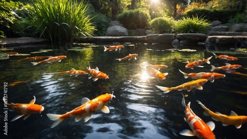 Vibrant koi fish swimming gracefully in a serene pond surrounded by lush greenery and sunlight