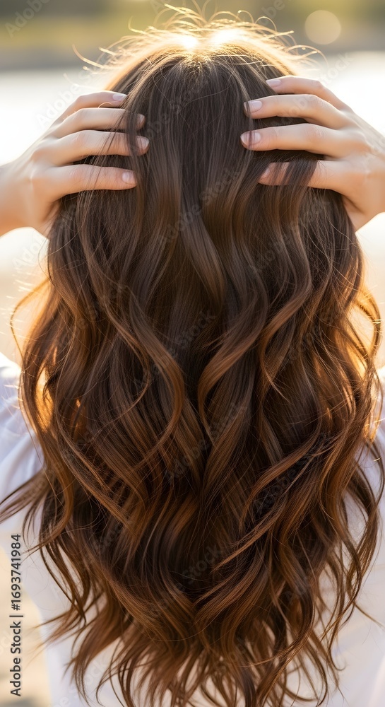 Obraz premium Woman with beautiful, wavy brown hair, enjoying the warm sunlight on her head, outdoors.