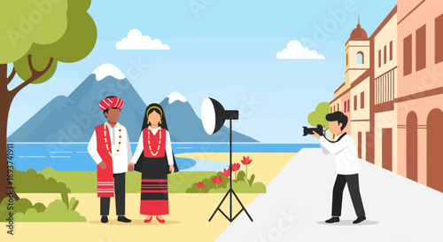 Photographer capturing a couple in traditional attire outdoors with studio light. Cultural portrait photography illustration.