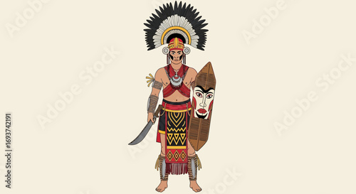 Indigenous Warrior in Traditional Attire with Feathered Headdress, Sword, and Shield - Cultural Illustration