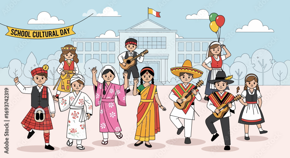 Obraz premium Diverse Children in Traditional Costumes Celebrate School Cultural Day with Music and Balloons