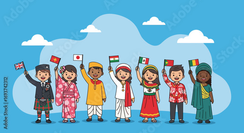 Multicultural Children with Flags: Global Kids in Traditional Attire Celebrating Diversity & World Cultures