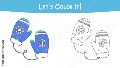 Coloring page for children. Blue mittens with patterns in color and without color for paints and drawing pencils. Vector sheet for printing